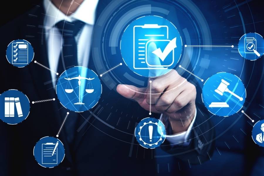 A person interacting with digital law icons representing AI regulation and legal frameworks in the technology sector.