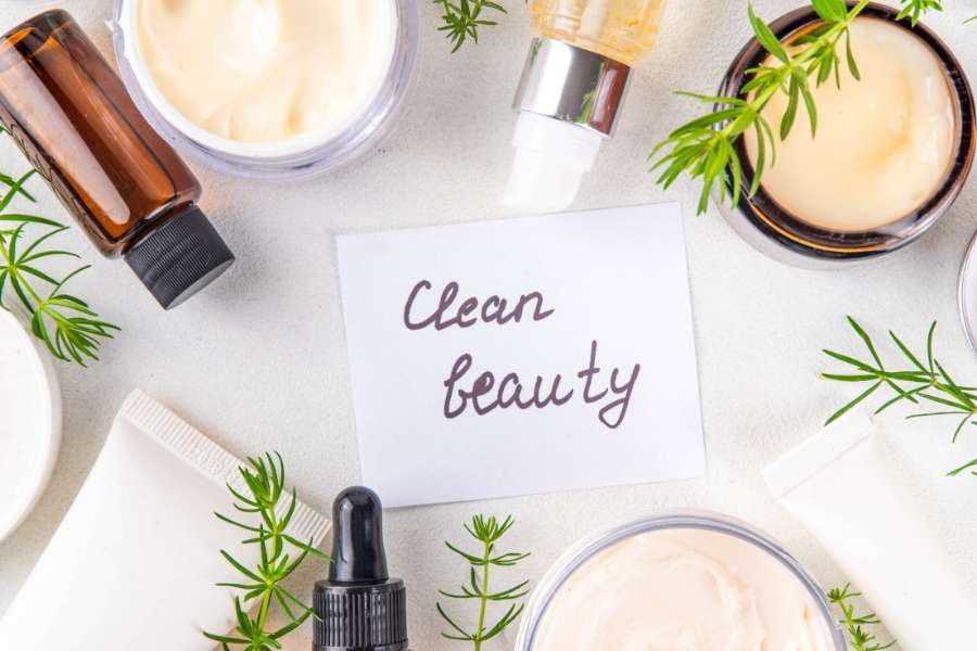 Clean beauty skincare products with natural ingredients and handwritten clean beauty label