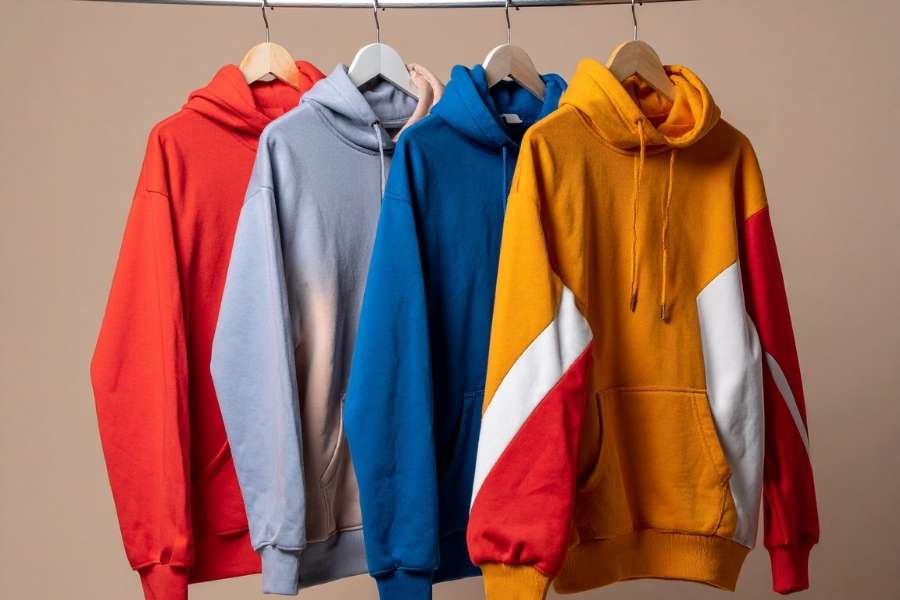 A row of colorful hoodies hanging on a rack, representing modern streetwear and high fashion trends.